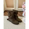 Botas de cowboy ocidentais para mulheres, novas botas de verão 2026, estilo Maillard vintage com fivela de cinto, salto grosso, botinhas franzidas