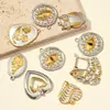 Ojo de Diablo Corazón Flor de Cinco Pétalos Dos Tonos Incrustados de Diamantes Colgante DIY de Acero Inoxidable Aretes de Búho para Mujer Joyería de Acero de Titanio