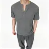 Camiseta de Punto con Cuello Redondo para Hombre 2026 Verano Estilo Old Money Manga Corta Casual para Hombre Color Sólido Transpirable Cuello Henley Camiseta de Media Manga
