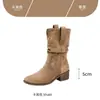 Botas apiladas vintage color caqui, botas de vaquero para montar para mujer, nuevo modelo otoño e invierno 2026, tacón grueso, superficie suave, botas tipo Martin con forro de felpa