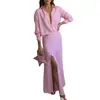 Verão 2026 Novo Estilo Transfronteiriço Europeu e Americano Comércio Exterior Roupas Femininas Moderno e Elegante Conjunto de Saia Longa Listrada com Lapela e Fenda