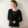 Suéter de Cachemira Cuello Redondo en V Encaje en el Pecho Empalmado Suéter Otoño e Invierno Nuevo Elegante de Moda Diseño Pulóver Camiseta de Base