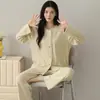 Cardigan de pijama de duas peças para casa feminina, manga longa e calça longa, gola V, cor sólida, algodão jacquard elástico dupla face