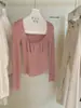 Suéter de Punto WGWE con Cuello Cuadrado Plisado y Mangas Largas para Mujer, Nuevo Estilo Otoño Temprano 2026, Top Corto Ajustado que Ceñe la Cintura, Suave