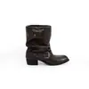 Fivela de cinto em couro, botas curtas western retrô plissadas para mulheres, botas com salto bloco, salto grosso, bico fino, botas de montaria, botas de calça