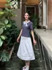 Edición Nanyou 26 Verano Hr~Camisa de Manga Corta Estilo Universitario con Cuello Azul Marino + Falda Midi con Diseño de Cintura Plisada