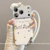 Adequado para Capa de Celular Apple 17 com Cordão, Design Exclusivo para iPhone 16 Pro, 15 com Design de Estampa de Patas de Gato Antiderrapante