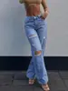 Zt36 Transfronteiriço Amazon 2026 Cor Sólida Lavada Estilo Europeu e Americano Jeans de Perna Larga para Mulheres Jeans Clássico Lavado à Areia Rasgado