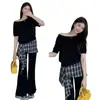 Conjunto de Dos Piezas para Mujer: Sudadera Nueva de Estilo 2026 Primavera y Otoño, Hombros Descubiertos, Manga Larga + Pantalones de Campana a Cuadros, Atuendo de Moda Adelgazante Tendencia