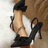 Sandalias de Mujer sin Espalda Estilo Nuevo Europeo y Americano Punta Fina Moño de Seda Talla Grande Transfronterizo Estilo Pequeña Fragancia Uso Bidireccional Zapatos de Tacón para Mujer