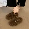 Pantuflas Baotou para Mujer Ropa de Exterior Hebilla de Cuero Aumentadoras de Altura Simples Suela Gruesa Piel Nuevo Forro de Felpa Piel Algodón Pantuflas para Mujer Cálidas