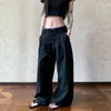 Calça casual listrada de alta qualidade estilo americano vintage de cintura dupla para homens e mulheres, com design solto, emagrecedor, fluido, de cordão e comprimento até o chão