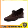 Jinbu Retro Outono/Inverno Novo Estilo Salto Grosso Sapatos de Pelo Patchwork Estampa de Leopardo Sapatos de Couro com Forro de Lã, Sapatos de Algodão Quentes e Versáteis
