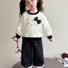Conjunto de Ropa Estilo Coreano para Niña para Primavera y Otoño, Sudadera de Gato con Lunares para Bebé Niña, Conjunto de Dos Piezas de Pantalones Anchos para Niña Pequeña
