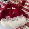 [Casa Rosa] Vestido Vestido Niñas 2025 Navidad Gigante Hermoso Lazo Malla Más Terciopelo Transfronterizo