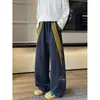 Calça moletom branca e cinza bordada listrada para homens, estilo americano de outono, peso pesado, corte solto, calça esportiva casual de perna reta e larga, moderna