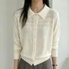 Cárdigan de punto con cuello polo hueco estilo francés para mujer, delgado, nuevo modelo otoño 2026, color liso, chaqueta suéter simple