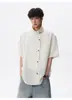 Camisa preta com carcela diagonal estilo americano para homens e mulheres, camisa de manga curta de linho misto para o verão, marca da moda, top leve e respirável