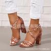 En stock, nuevas sandalias de tacón grueso bordadas de talla grande de moda europea y americana para mujer, sandalias de tacón alto con hebilla de comercio exterior para mujer