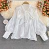 Camisa Holgada Estilo Hada Nueva Transfronteriza que Cubre el Vientre, con Corbata de Lazo, Top Elegante de Manga Larga Estilo Francés para Mujer