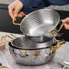 Olla para ramen de acero inoxidable estilo coreano con patrón de martillo, olla dorada para fideos instantáneos de celebridad de Internet, olla caliente pequeña para el hogar con tapa, olla para sopa multiusos