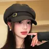 Boina Negra para Mujer, Estilo Primavera y Otoño, Retro Japonés, Sombrero Octagonal Adelgazante, Boina de Artista para Cabeza Grande