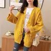 Cardigan de Punto Grueso Estilo Coreano Otoño e Invierno Nuevo Color Sólido Holgado Viento Perezoso Suéter Trenzado Abrigo para Mujer