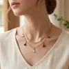 Collar multicapa de acero inoxidable con cerezas, estilo europeo y americano, transfronterizo, para mujer, cadena para la clavícula con forma de cuadrado geométrico y hoja de ginkgo en forma de abanico