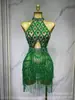 Desfile de Cantora Internacional com Franjas de Strass Vestido Curto Elástico Modelador para Dança Latina Traje de Performance de Palco Traje Sexy