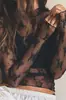 Top de malla con estampado floral retro de moda transfronterizo europeo y americano, cuello semi-alto, transparente, corte ajustado, de manga larga para usar en capas