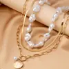 Conjunto de 3 Peças de Colares de Pérola Artificial Moda Retrô Tendência Formato Especial Pingente Redondo de Metal Joias Empilháveis Femininas