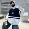 Moletom Masculino Gola Redonda Color Block Outono e Inverno para Crianças Maiores, Novo Inverno 2025 Espesso com Forro de Lã Camiseta Base Tendência