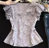 Elegante camisa de cuello estampado morado para mujer, estilo verano con lazo en la espalda y diseño entallado en la cintura, top de manga corta deslumbrante y elegante para mujer