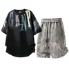 Camiseta de Manga Corta Holgada con Estampado de Letras a la Moda Estilo Americano Conjunto de Moda para Hombre Verano Casual Pantalones Cortos de Manga Corta Dos Piezas Cambio de Temporada Principios de Otoño