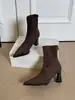 Botines de Tacón Alto Color Marrón First Encounter Estilo Retro Francés Punta Fina Tacón Grueso Botines para Mujer Otoño/Invierno 2026 Botas Elegantes Adelgazantes