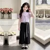 2026 Novo Estiloso Fashionável Magro Manga Curta Top Meninas Xadrez Calça de Perna Larga Casual Conjunto de Duas Peças Tendência