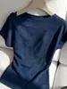 Camiseta Azul Asimétrica de Hombro Manga Corta para Mujer, Estilo Coreano de Verano, Única y Muy Atractiva, Ceñida a la Cintura, Adelgazante, Corta, Top sin Hombros