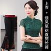 Top Aodai Modificado de Manga Corta Cheongsam Rojo Encaje Traje Tang Verano Mujer Talla Grande Conjunto de Vestido para Madre