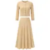 Elegante Conjunto de Duas Peças em Tricô Vazado Cor Damasco para Mulheres Outono Amazon Conjunto de Blusa de Gola Redonda Manga Longa + Saia Longa de Cintura Alta Evasê