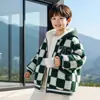 Estilo Novo Outono e Inverno 2025 Jaqueta Espessa Acolchoada com Capuz Xadrez Estilosa para Meninos e Meninas Bebês