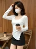 Camiseta de manga larga para mujer, otoño e invierno, sexy y seductora, con dobladillo irregular, corte ajustado, cuello redondo bajo, camiseta básica
