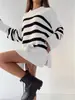 Ropa de punto para mujer 2025 Otoño e Invierno Nuevo Informal Transfronterizo Europeo y Americano de Rayas Holgado Cuello Redondo Suéter Pulóver Chaqueta para Mujer