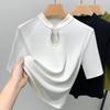 Camiseta de Manga Media para Mujer 2025 Nueva Camiseta de Color Liso con Botones y Cuello Alto para Mujer Top de Cintura Retro Nuevo Estilo Chinoiserie