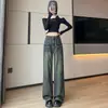 Jeans de Cintura Alta com Barra Desfiada Perna Larga Feminino Primavera e Outono 2024 Novo Cinza Cimento Solto Reto Estreito Calça de Chão