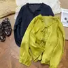 Camisa de Encaje Tencel Ramio Estilo Retro Francés con Volantes Cuello en V Camisa de Corbata para Mujer Versátil Color Sólido Cardigan Protector Solar