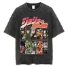 Camiseta Lavada Vintage para Hombre Verano Hip-Hop Streetwear Anime Jojo's Bizarre Adventure Estampado Algodón Casual Manga Corta
