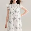 Ropa de mujer estilo chino nueva, vestido floral estilo nacional con mangas acampanadas pequeñas, vestido tipo muñeca elegante de alta gama para verano, vestido corto para mujeres petite