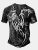 Camiseta Divertida tipo Burlón Talla Grande con Estampado de Runas de Cuervo Vikingo Lavado Retro Cuello Henley Manga Corta