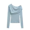 Camiseta de Manga Longa em Cashmere Assimétrica com Ombro Único Franzido, Ajuste ao Corpo, Camada Dupla, Estilo Hot Girl para Mulheres, Nova Camiseta Básica de Ajuste ao Corpo Primavera/Verão, Top Emagrecedor