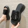 Verão Nova Cabeça Redonda Grosso Chinelos Sapatos Femininos Sequins Moda Casual Daily Outer Wear Moda Tendência All-match Blade